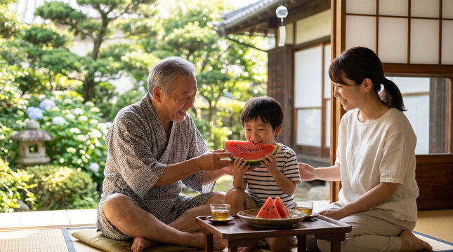 夏の縁側でスイカを食べる祖父と子供と母親の三世代家族