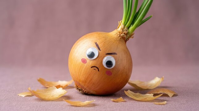 Angry yellow onion character with googly eyes and green sprouts standing on a soft purple background