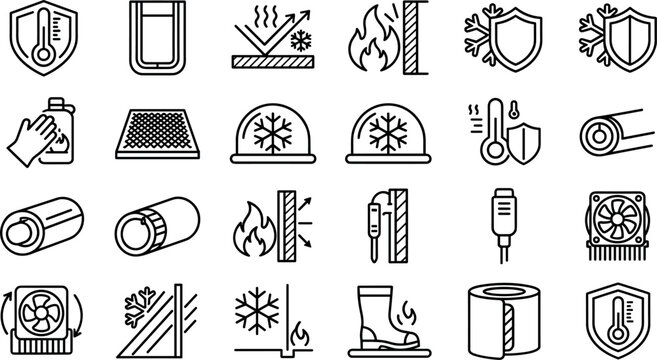 Thermal insulation temperature icons set line art outline vector elements for heat cold protection minimalist monochrome doodle industrial illustrations