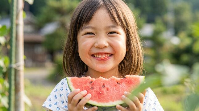 夏の屋外でスイカを嬉しそうに食べる笑顔の女の子