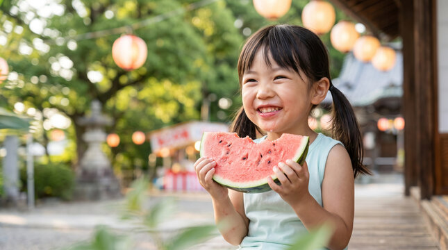 夏の縁側で笑顔でスイカを食べる女の子