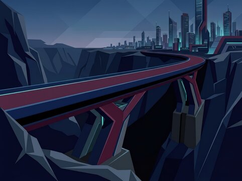Futuristic Cityscape with Elevated Bridge Over Canyon at Dusk