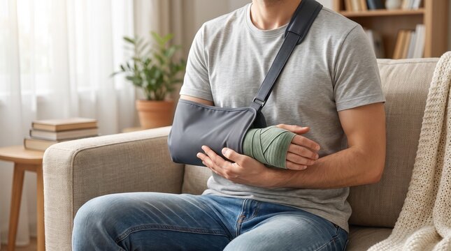 Young man sitting on sofa at home wearing an arm sling and hand bandage for fracture recovery.