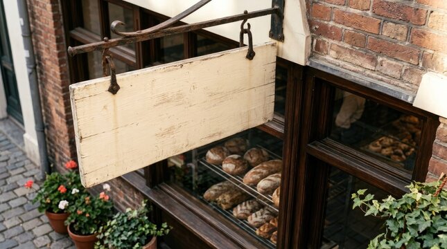 Blank wooden sign hangs above a rustic bakery window display in a charming old european town