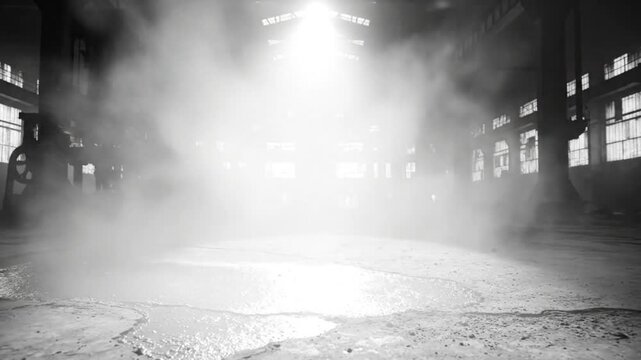 Industrial warehouse interior with bright overhead sunlight and atmospheric mist creating a mysterious and evocative scene