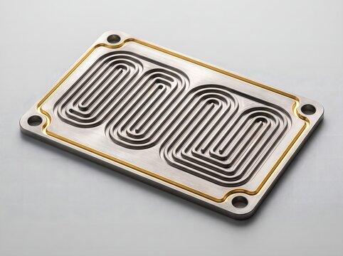 Precision macro view of titanium bipolar plate with serpentine micro flow field channels for green hydrogen proton exchange membrane pem electrolyzer stack in clean renewable energy facility