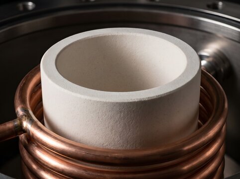 High temperature refractory zirconia ceramic induction crucible surrounded by heavy copper induction heating coils for vacuum melting and rare earth metal recycling in clean metallurgy plant