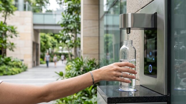 Hand filling a clear glass bottle with water from a modern outdoor water dispenser image photo