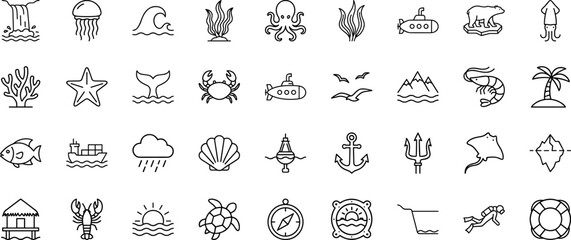 Fototapeta premium Ocean life line icon set. Vector pictograms of marine, sea, underwater, and fish elements, thin linear illustration.