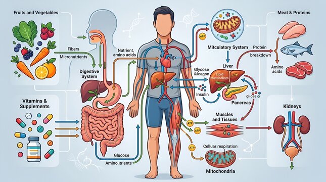 Human anatomy medical education infographic explaining digestion, nutrients, and metabolism