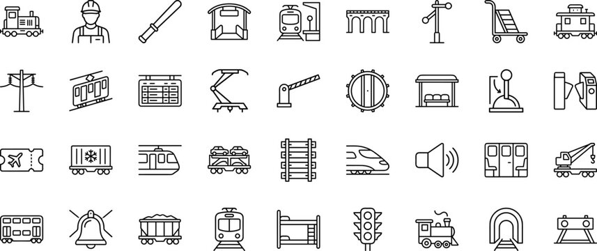 Railway transportation systems line icon set. Vector pictograms of train, station, cargo, and track elements, thin linear illustration.