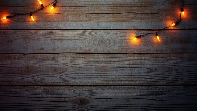 Glowing string lights on dark rustic wooden background