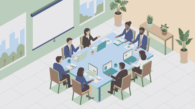 Isometric business people meeting in office conference room vector
