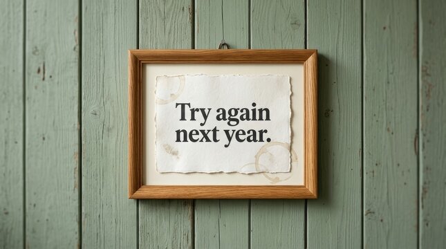 Framed paper sign displaying the phrase try again next year mounted on vintage green wooden wall