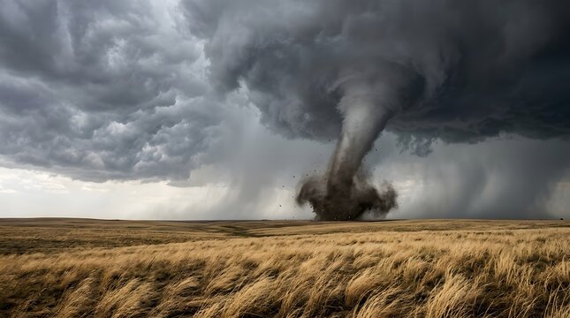 Massive tornado touching down on dry grass field under stormy skies