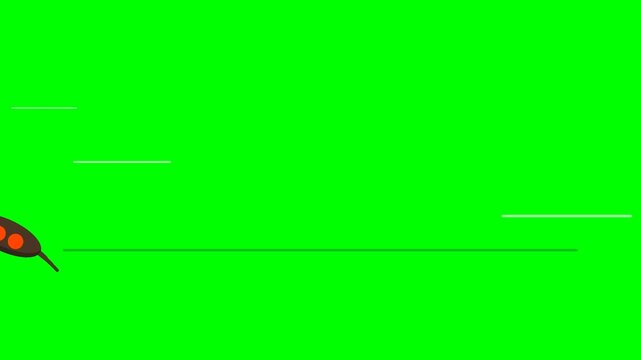Animated cartoon beetle walking across a horizontal line on a green screen.