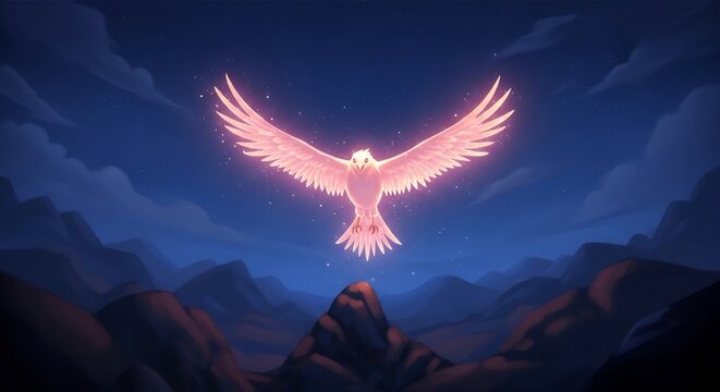Spirit of the Phoenix: A radiant phoenix, its wings outstretched in a blaze of ethereal light, ascends from a rocky peak under a mystical night sky, symbolizing rebirth and power.