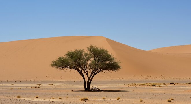 Lone Acacia in the Vast Sahara: A resilient acacia tree stands solitary against the backdrop of sweeping sand dunes under a clear blue sky, a testament to life in the arid desert.