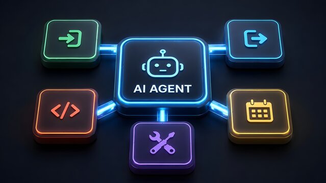 Artificial intelligence agent modular network diagram with glowing process blocks representing automated software task scheduling
