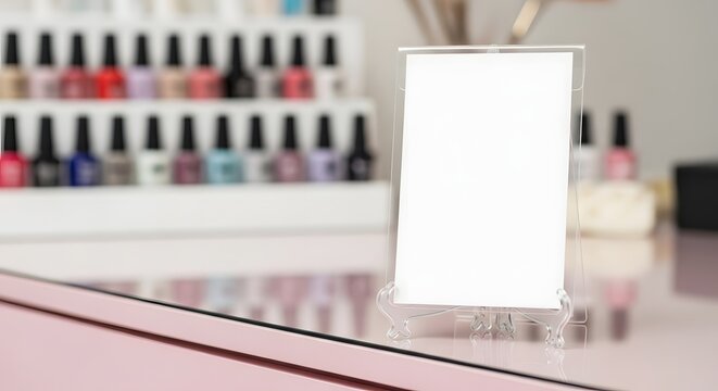Blank white sign on a beauty salon counter with nail polish bottles in the background, ready for custom text or branding.