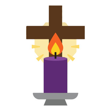 Purple candle with burning flame and christian cross background christian religion spiritual ceremony