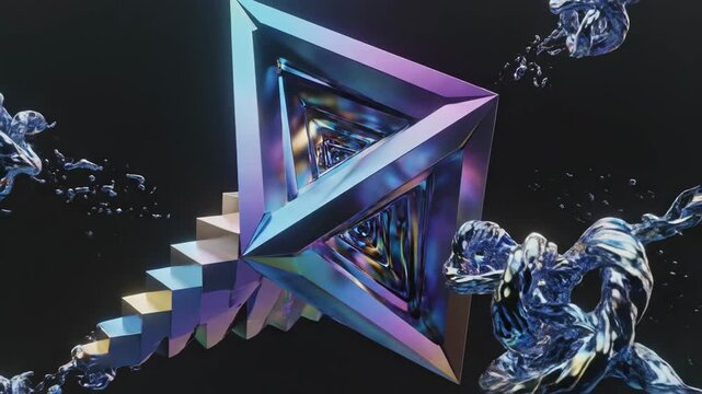 Abstract 3D geometric prism shape with metallic surfaces centered within a swirling vortex of dark iridescent liquid splashes, featuring sharp edges and cyan-blue lighting on black background.