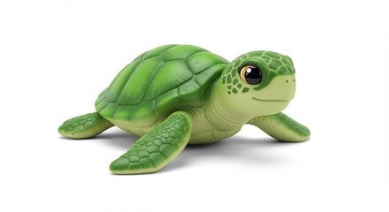 Fototapeta premium Cute Baby Turtle: A charming, stylized baby turtle with a bright green shell and wide, curious eyes sits expectantly, embodying innocence and the wonders of the ocean.