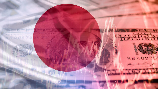 US 100-dollar bill, flying Japanese flag, financial index chart, upward-pointing red arrow, US-Japan trade relations, expansion of Japan's economic foreign exchange and currency investment.