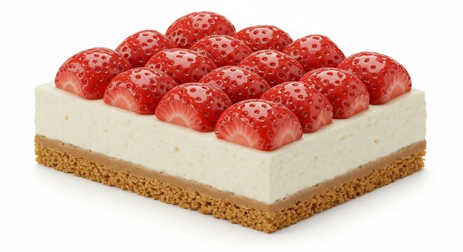Strawberry Cheesecake Delight: A delectable rectangular cheesecake, crowned with fresh, halved strawberries, rests on a crisp biscuit base, offering a sweet and refreshing treat.