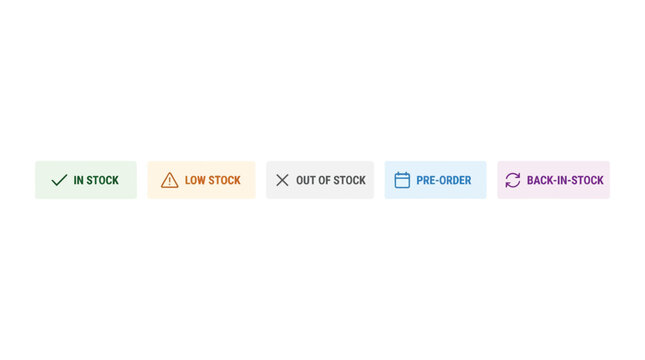 Inventory status labels set. Vector graphics for in stock, low stock, out of stock, pre-order and back in stock. Colorful website UI buttons and e-commerce web design supply elements.