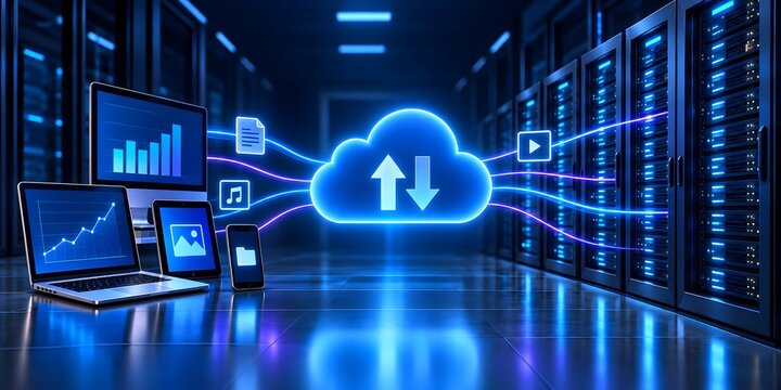 Multi Device Cloud Storage Synchronization with Glowing Cloud Icon and Digital Files Representing Data Migration