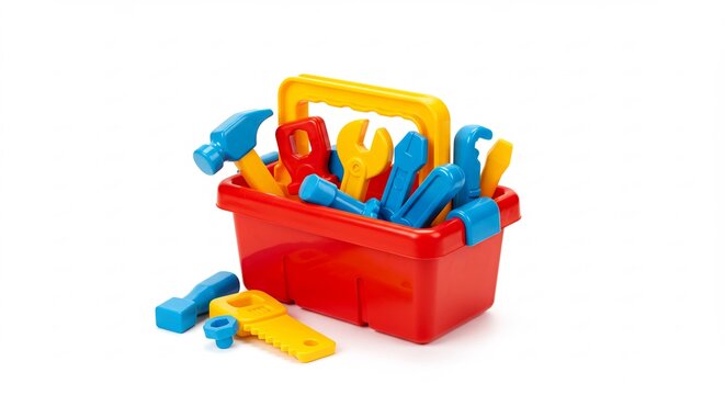 Colorful Toy Toolbox: A vibrant red toolbox filled with assorted colorful plastic toy tools, perfect for imaginative play and young builders.