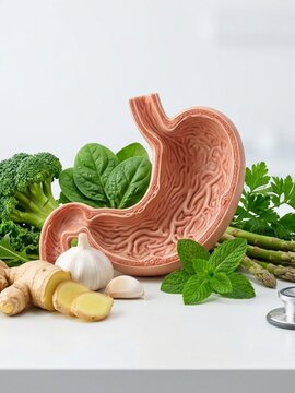 Human Stomach Model Surrounded by Fresh Vegetables and Herbs.