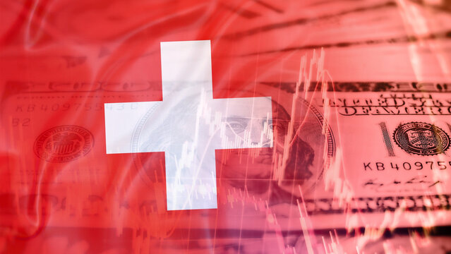 US 100-dollar bill, flying Switzerland flag, financial index chart, upward-pointing red arrow, US-Switzerland trade relations, expansion of Switzerland's economic foreign exchange, currency investment
