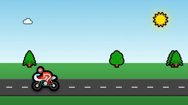 Cartoon motorcyclist riding on open road under sunny sky