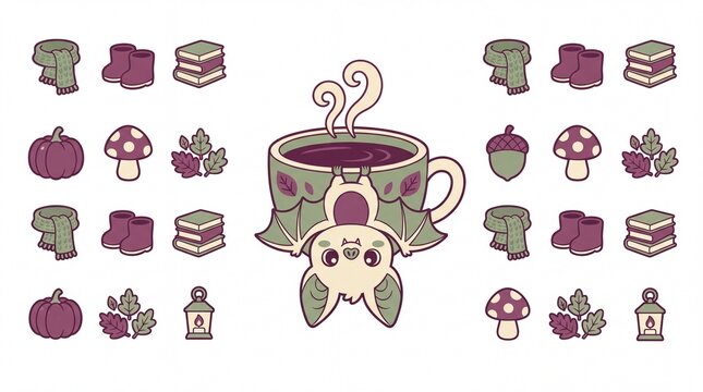 Chibi bat hanging upside down in teacup with autumn icon set flat vector illustration