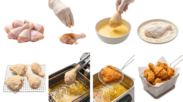 Fried chicken cooking process steps, raw poultry preparation with breading and deep frying, crispy golden drumsticks in fryer