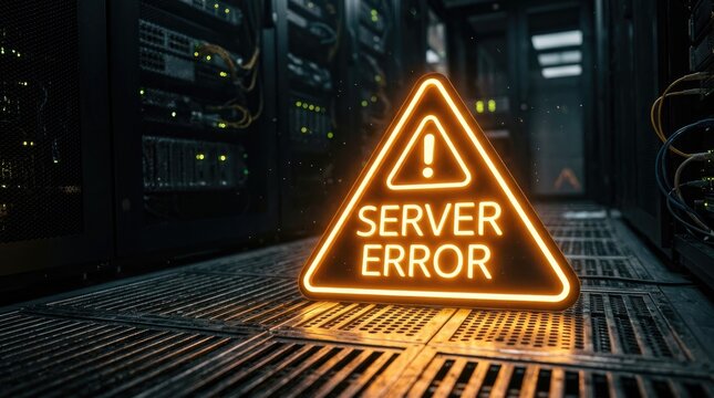 Glowing orange neon warning sign indicating a critical server error inside a dark modern computer room