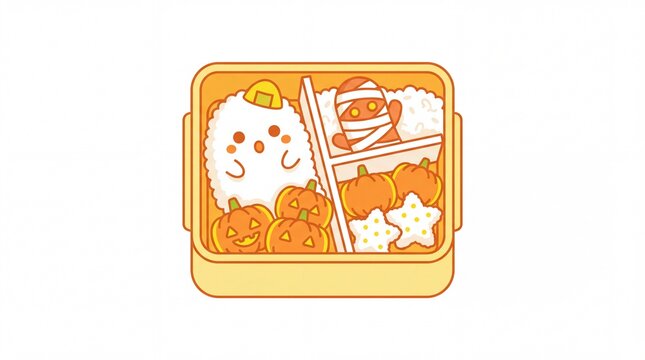 Kawaii halloween bento box vector illustration with cartoon ghost and mummy food