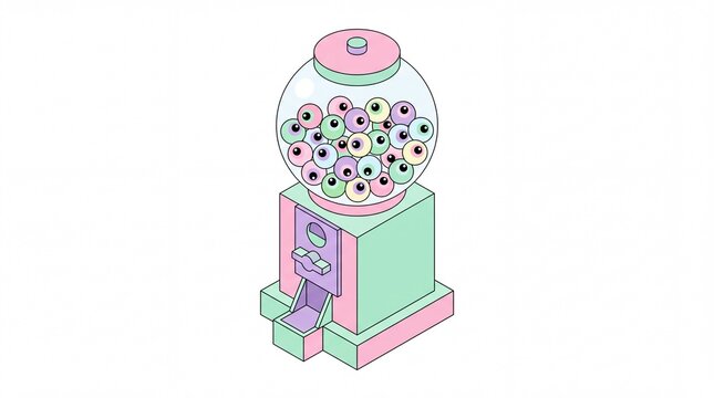 Retro gumball machine isometric vector illustration with spooky eyeball candies