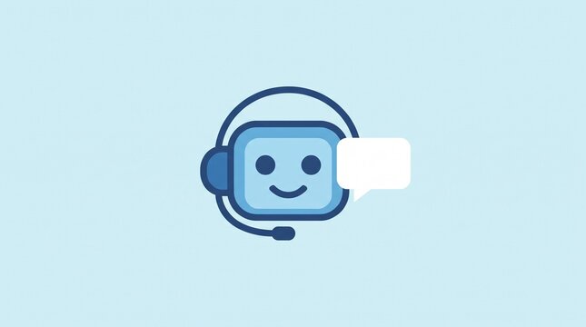 Friendly Virtual Assistant Chatbot Icon with Headset and Chat Bubble on Soft Pastel Blue Background for Customer Support and Digital Communication