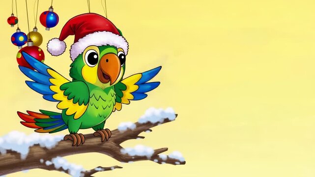 A cute cartoon parrot wearing a Santa hat sitting on a snowy branch with Christmas ornaments.