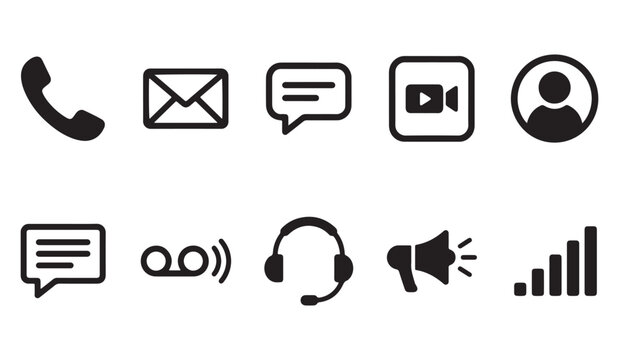 Set of black communication and contact web icon symbols isolated on a white background with communication