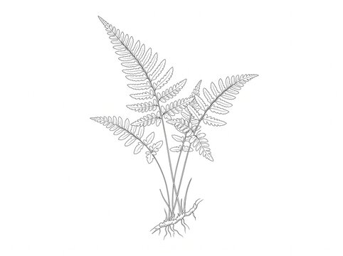 Black and white line illustration of a fern plant with detailed fronds and leaf patterns, botanical art