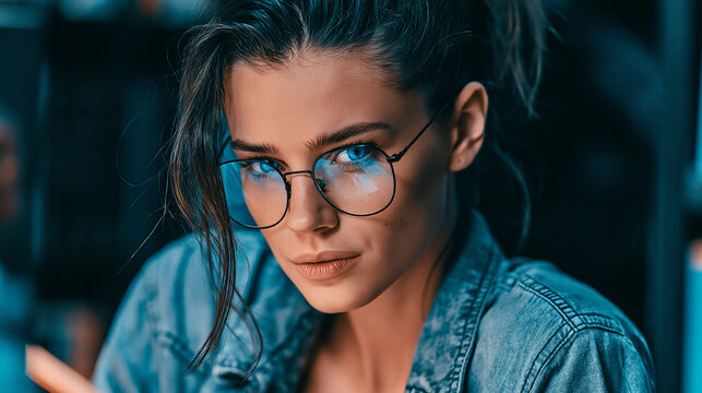 Young woman with wet hair wearing clear glasses and denim jacket looking at camera