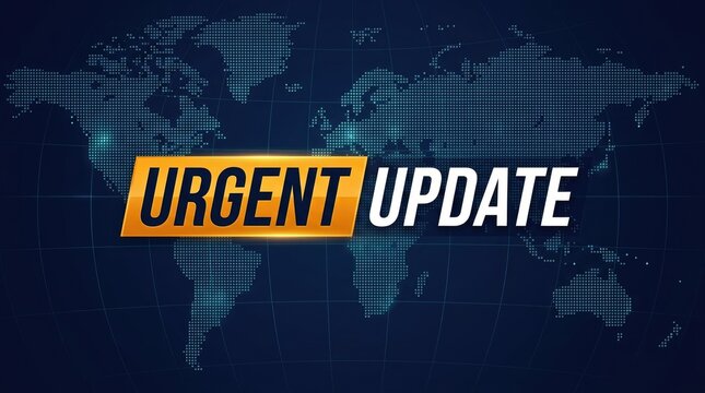 Urgent update text banner displayed over digital world map with glowing blue dots and dark background