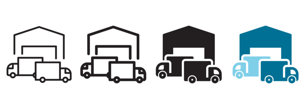 Cross docking icon with logistics terminal building and inbound outbound cargo trucks representing smart factory direct transfer facility, digital manufacturing supply chain distribution, and tech.