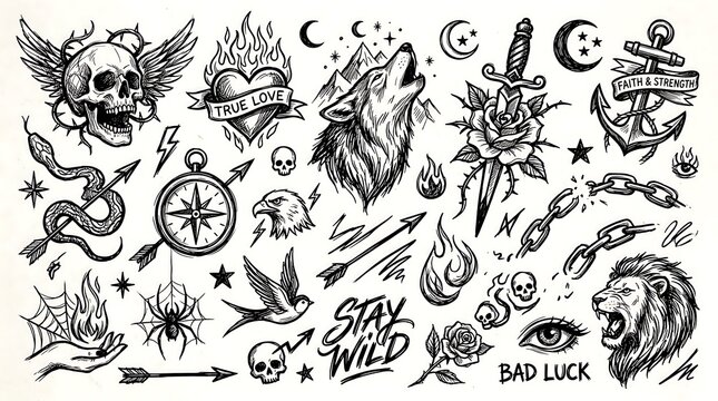 Vintage Hand Drawn Old School Tattoo Flash Set with Skull Wolf Heart Anchor and Traditional Icons