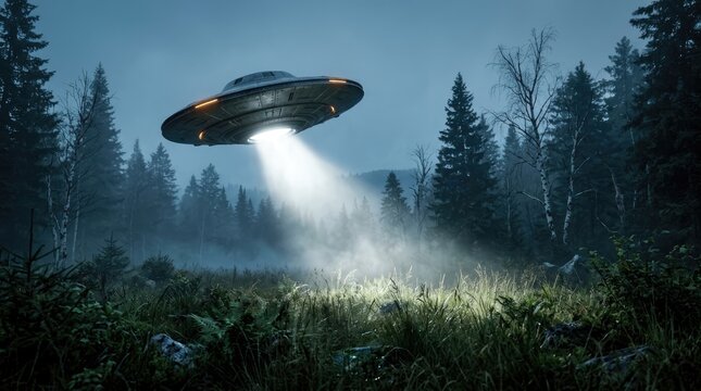 Metallic unidentified flying object hovering over misty dark pine forest at night with bright light beam