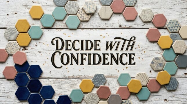 Decide with confidence text surrounded by colorful decorative hexagonal ceramic tiles on textured white wooden background